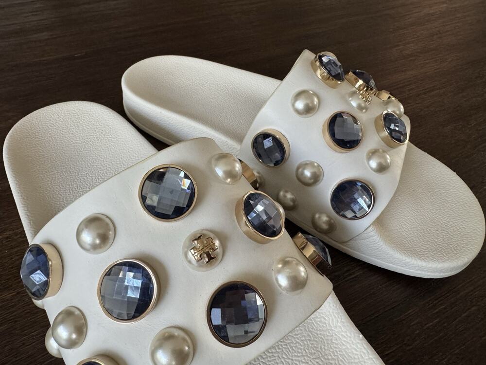 Tory Burch Vail Embellished Pool Slide Sandals White Jeweled Leather Size 7